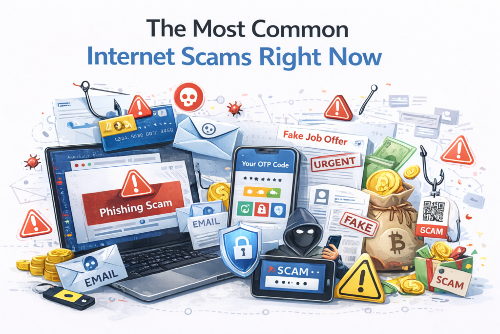 Illustration showing various internet scams like phishing emails, fake websites, and warning symbols representing online fraud risks