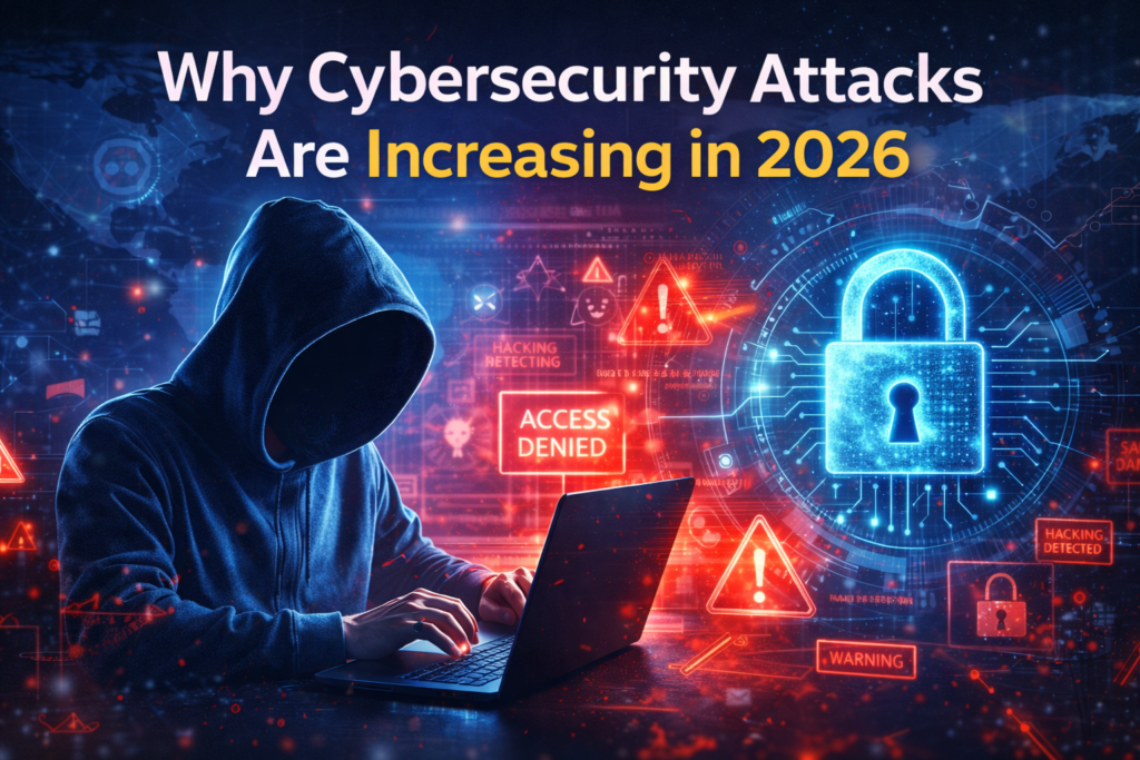 Illustration of cybersecurity attack showing hacker accessing data with digital lock and warning icons representing online threats in 2026