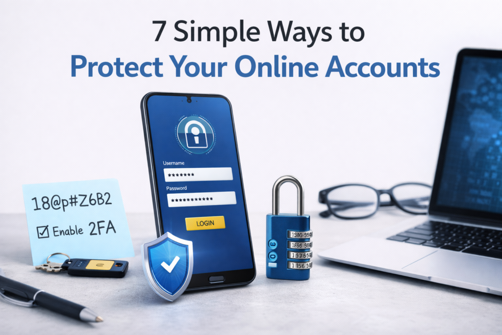 Illustration showing secure online accounts with password protection, lock icons, and cybersecurity shield concept
