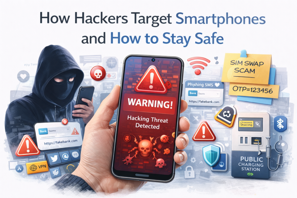Illustration of smartphone cybersecurity showing hacker threats, malware attacks, and safety protection tips